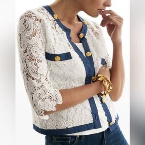 🆕 Michael Simon crocheted button jacket with denim trim NWT cardigan size med